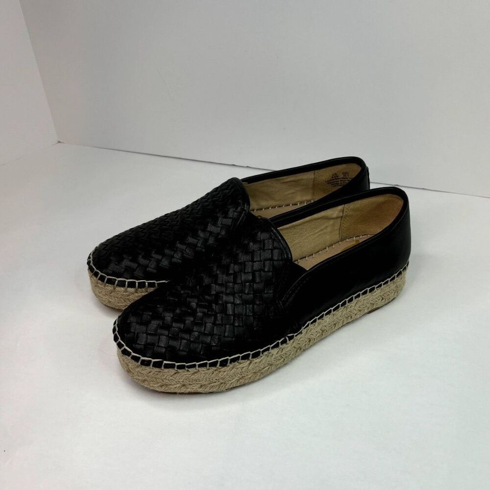 Sam Edelman Catherine Black Leather Platform Espadrille Slip On Shoes Gold
